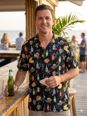 Islandhaze Black Tropical Cocktail Print Short-Sleeve Button-Up Shirt